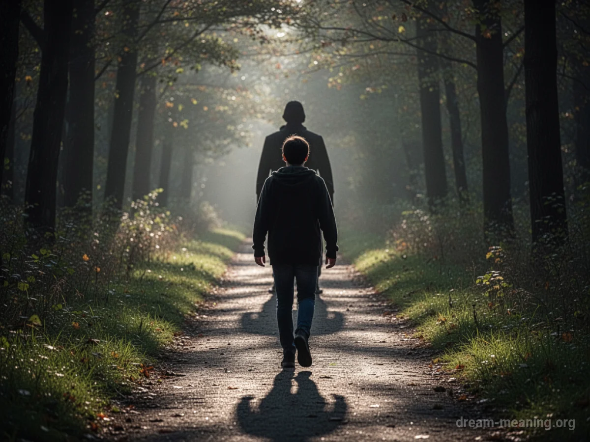 A shadowy figure is seen behind a person walking away.