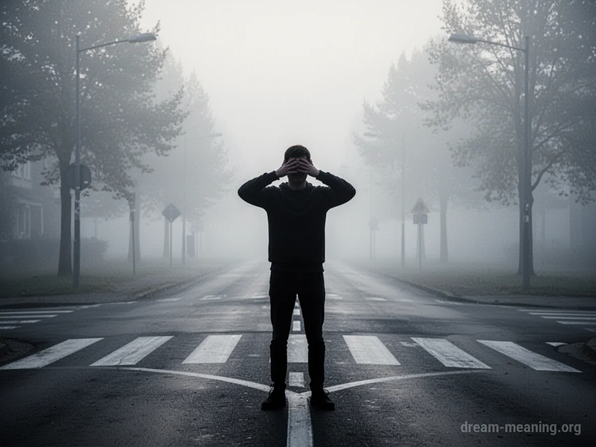 Silhouette of a person with hands over their eyes at a foggy crossroads.