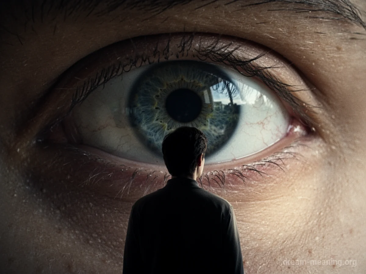 A silhouette of a person facing away, with a large eye visible in the shadowy background.