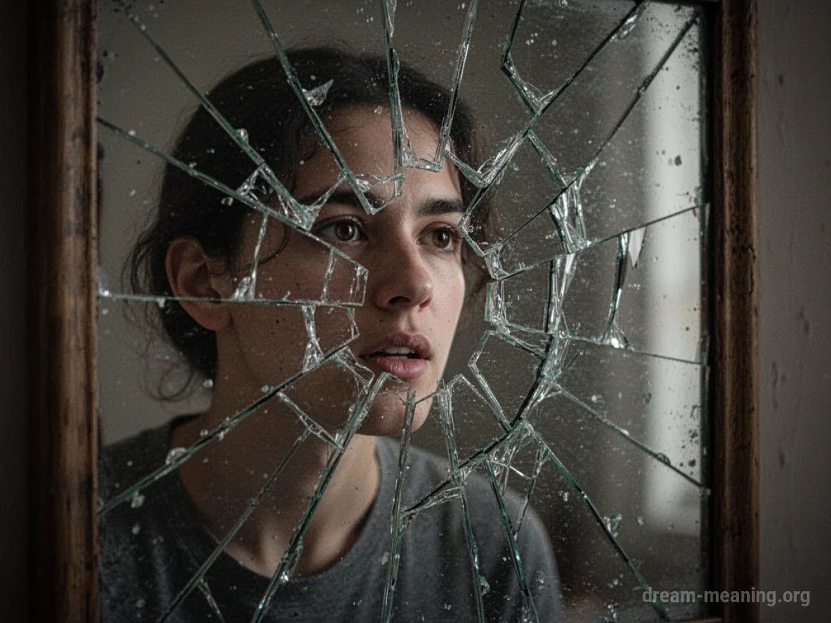 A person's face is visible in multiple shards of a broken mirror.