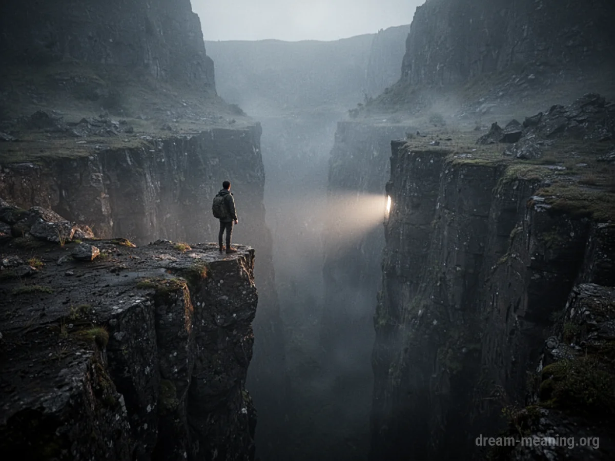 Silhouette of a person standing at the edge of a dark chasm.