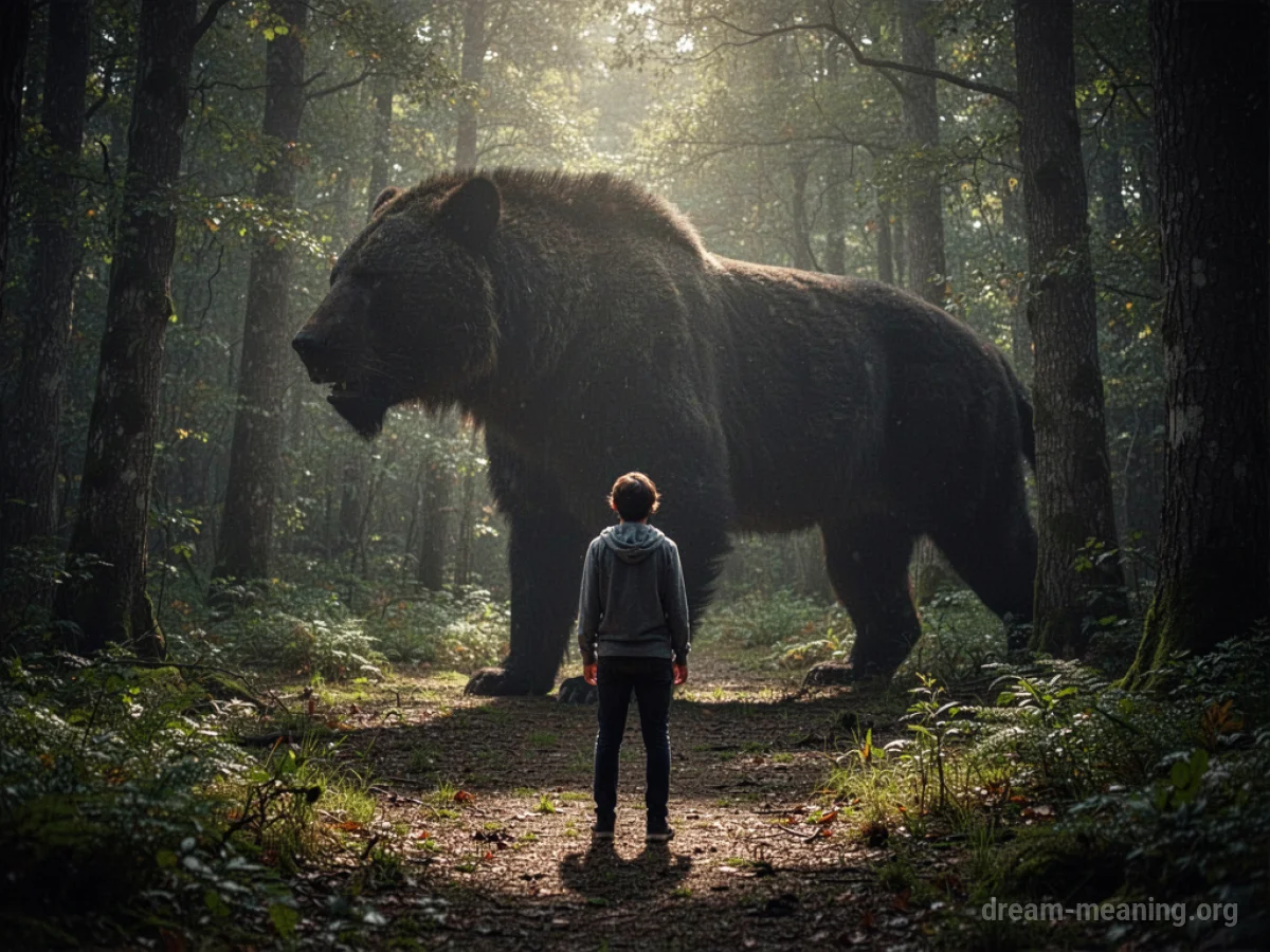 Silhouette of a person facing a large animal silhouette in a forest.