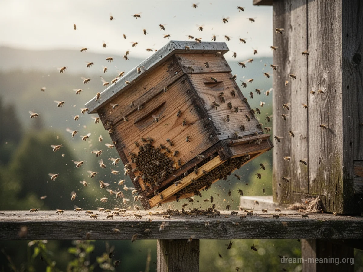 A beehive tilting and falling from an unseen structure with bees in the air.