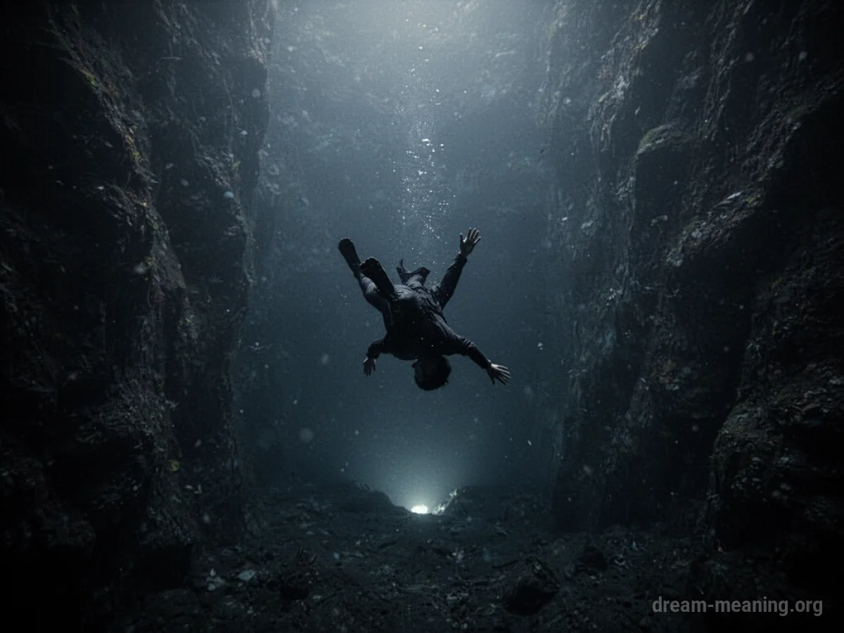 A dark silhouette falling through a dark, empty space towards a distant light.