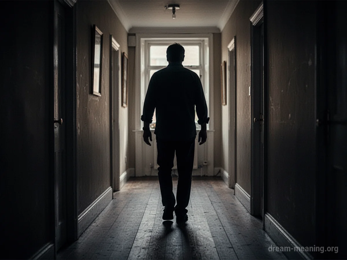 Silhouette of a father figure behind another person in a hallway.