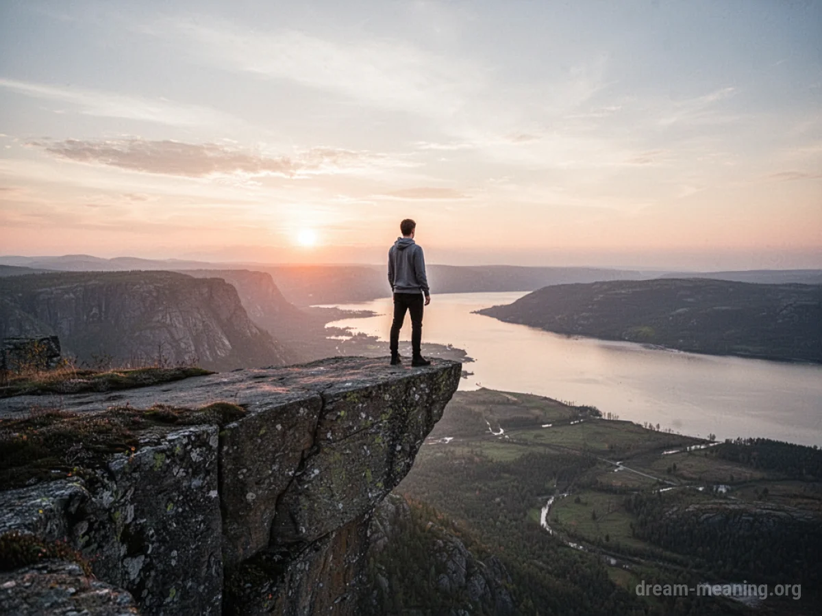 A person stands on a cliff overlooking a sunrise.