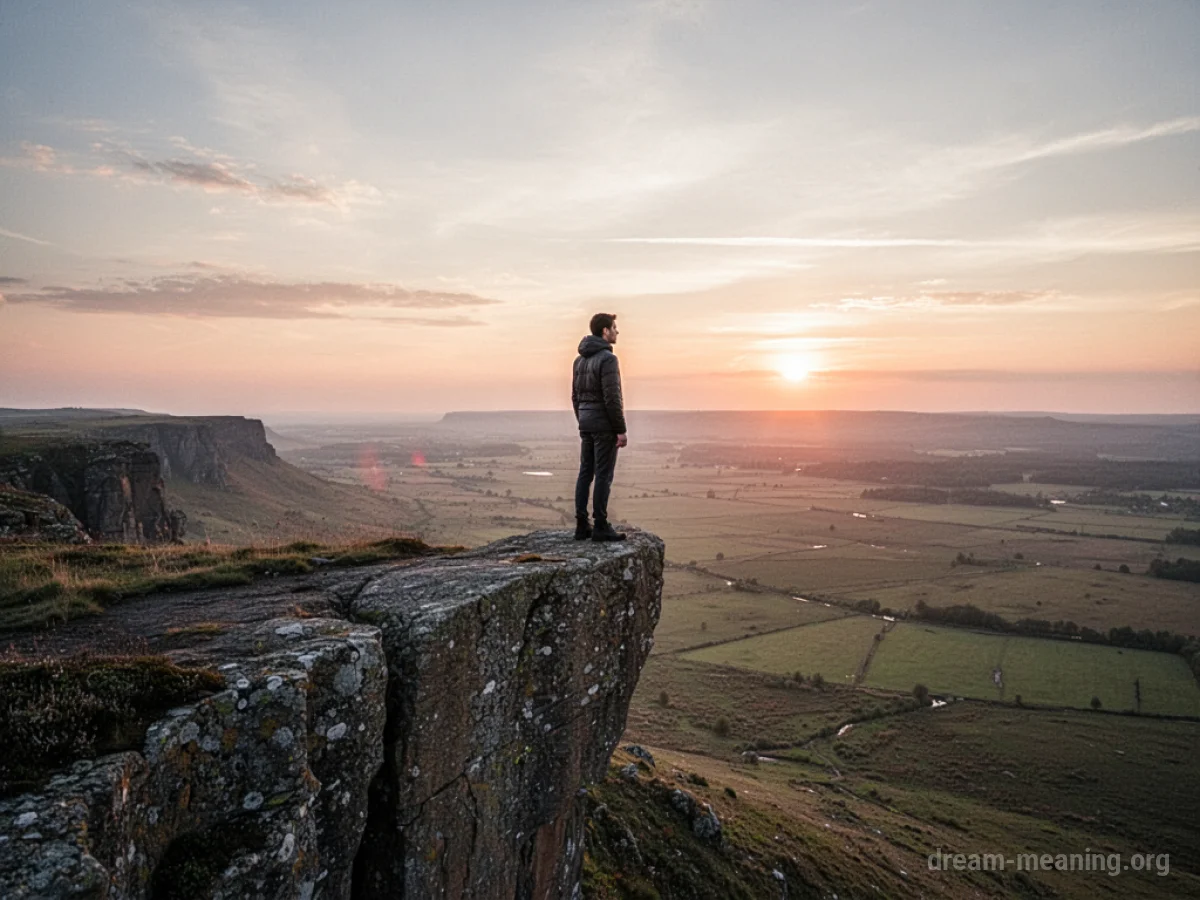 A person stands on a cliff overlooking a wide expanse of land.