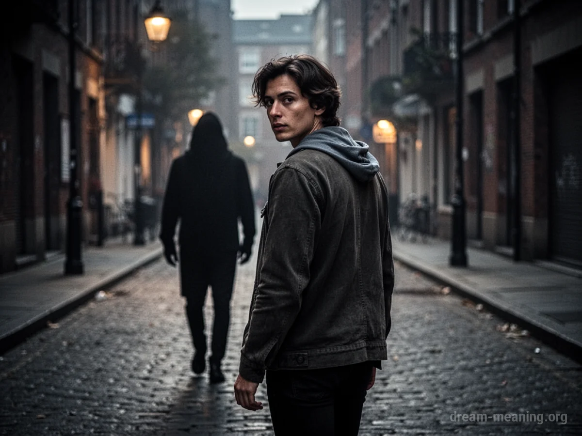 A person looking back nervously at a shadow behind them on a street.