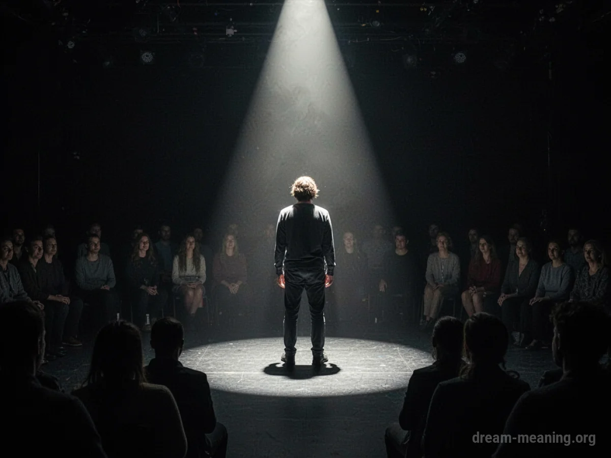 A solitary figure illuminated by a spotlight on a stage, with blurred shapes of an audience in the darkness.