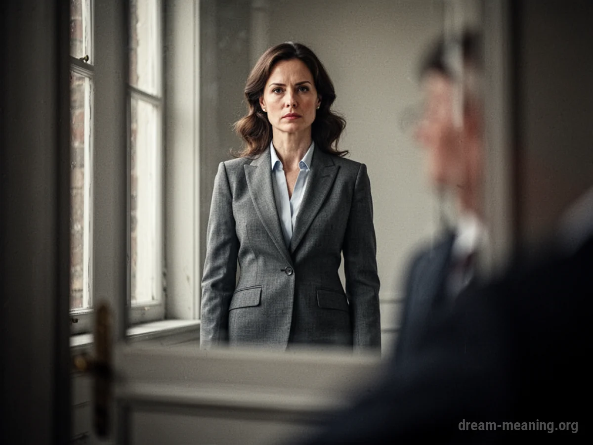 A woman in a suit stands alert, facing away from the viewer.