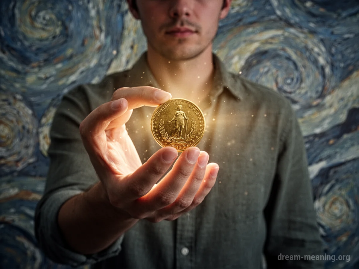 A hand holding a glowing golden coin.