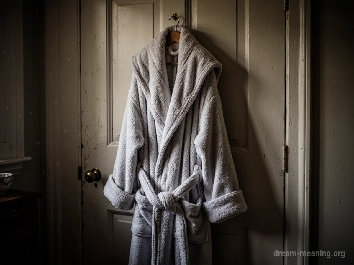 A fluffy bathrobe hangs on a wooden door.