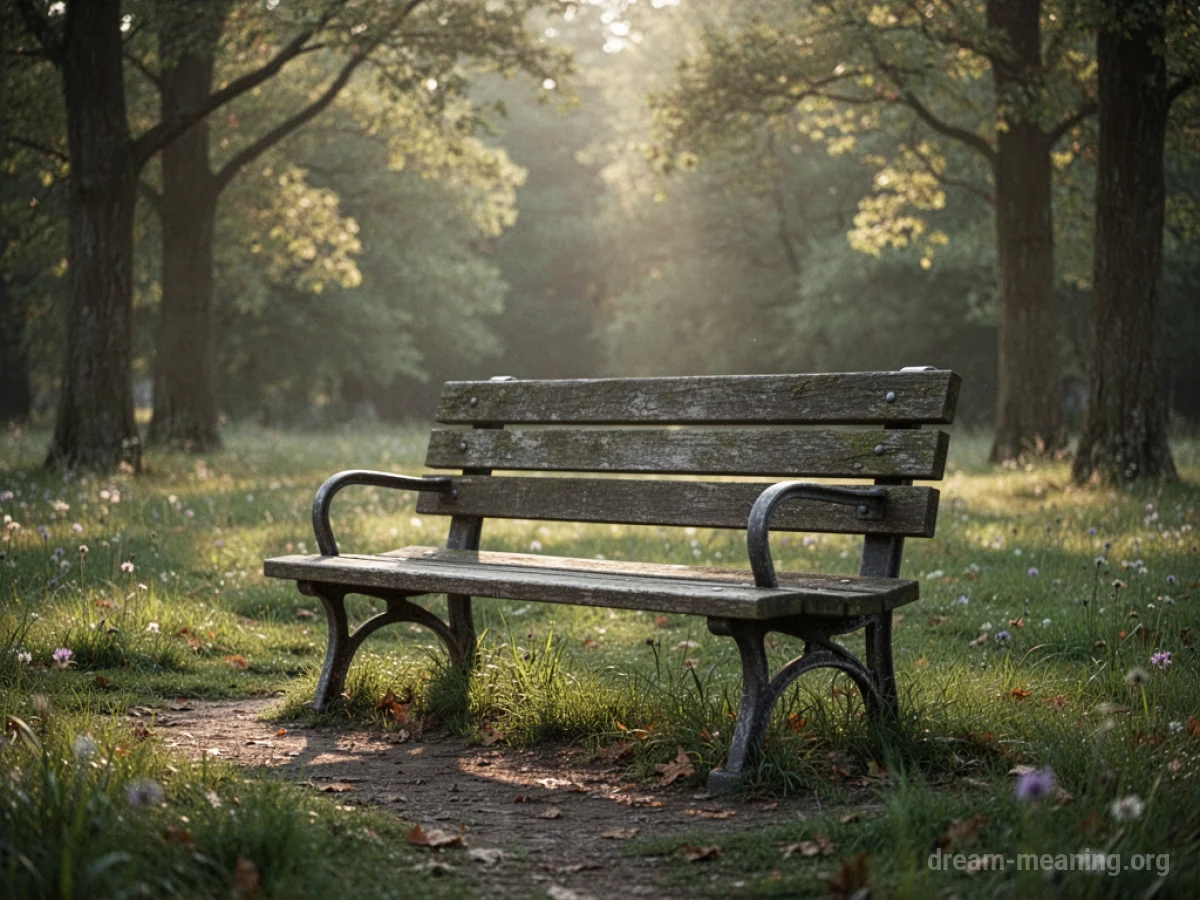 A wooden bench sits empty in a peaceful park.