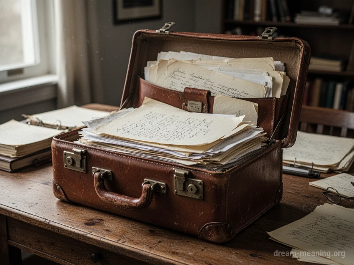 An open leather briefcase on a desk with papers inside.