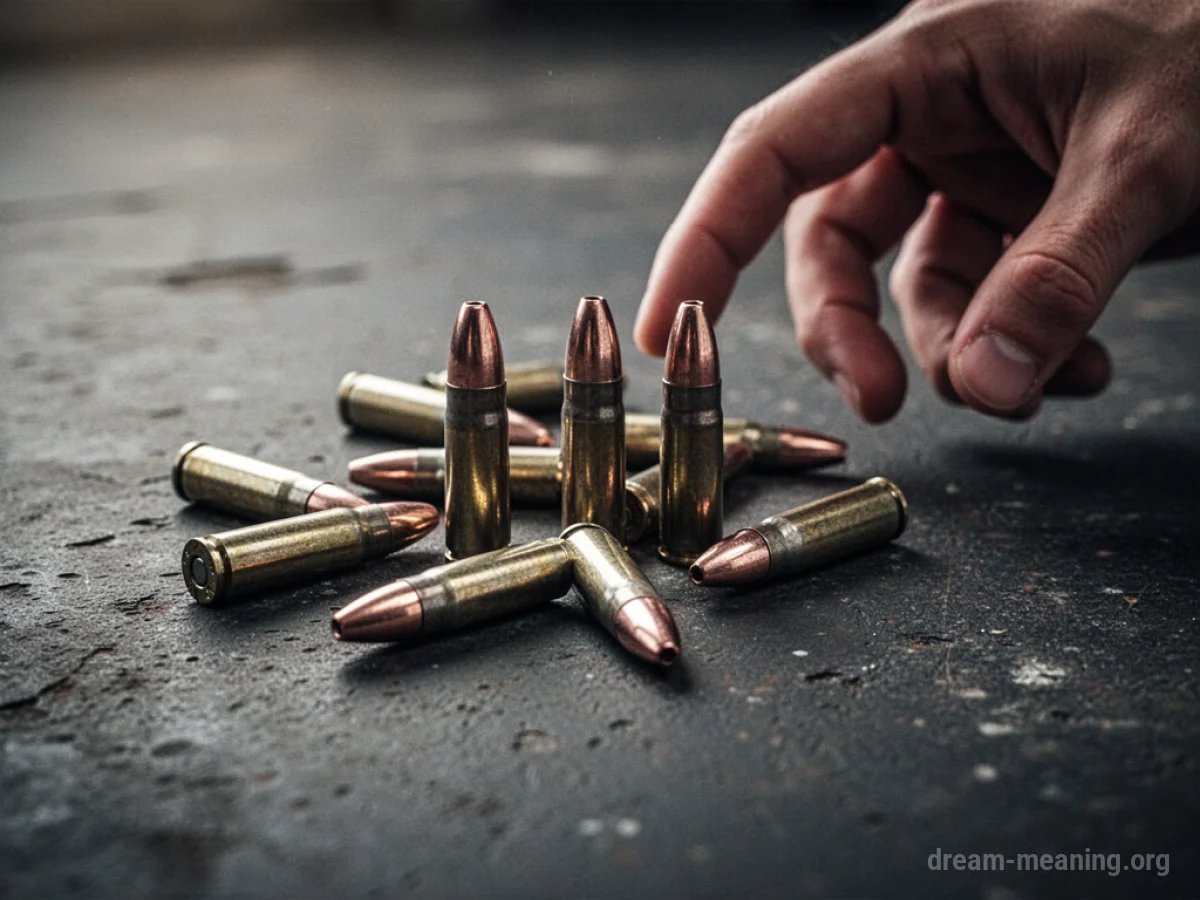 A hand reaching for a cluster of bullets on a dark surface.