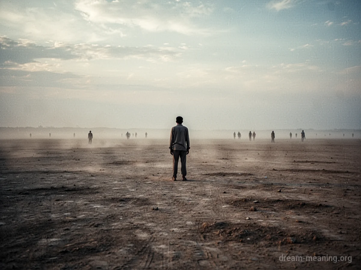 A lone figure stands in a wide, desolate landscape with distant, shadowy figures.