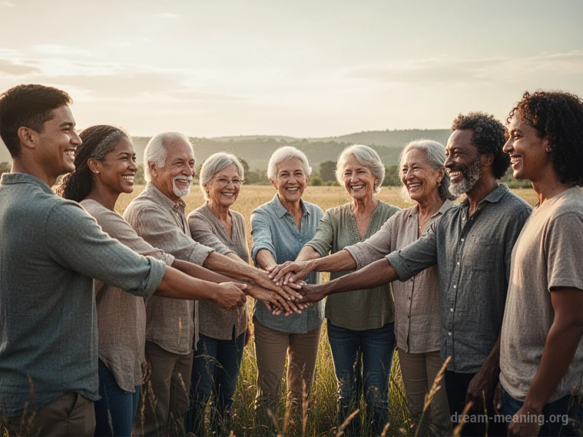A group of diverse people smiling and shaking hands in an open field.