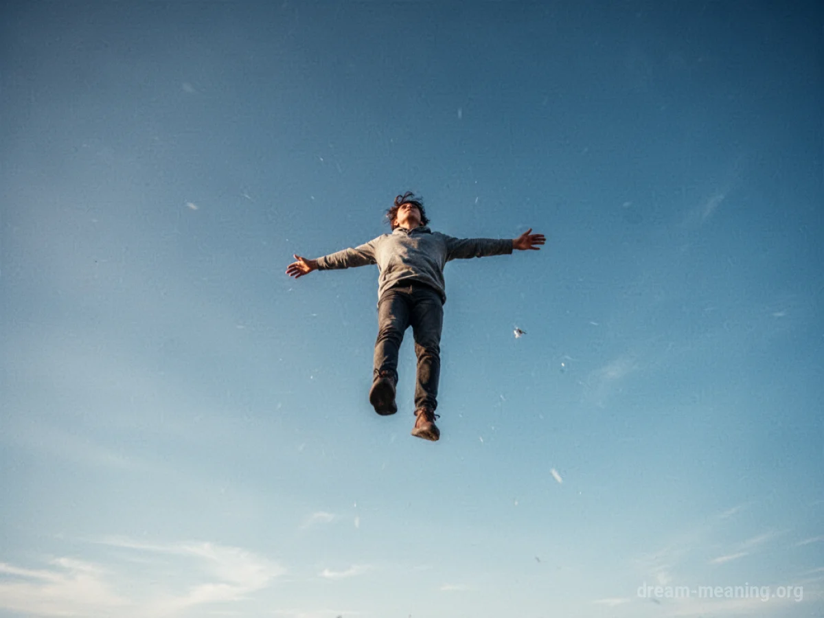 A person is seen from below, flying upwards in a clear blue sky.