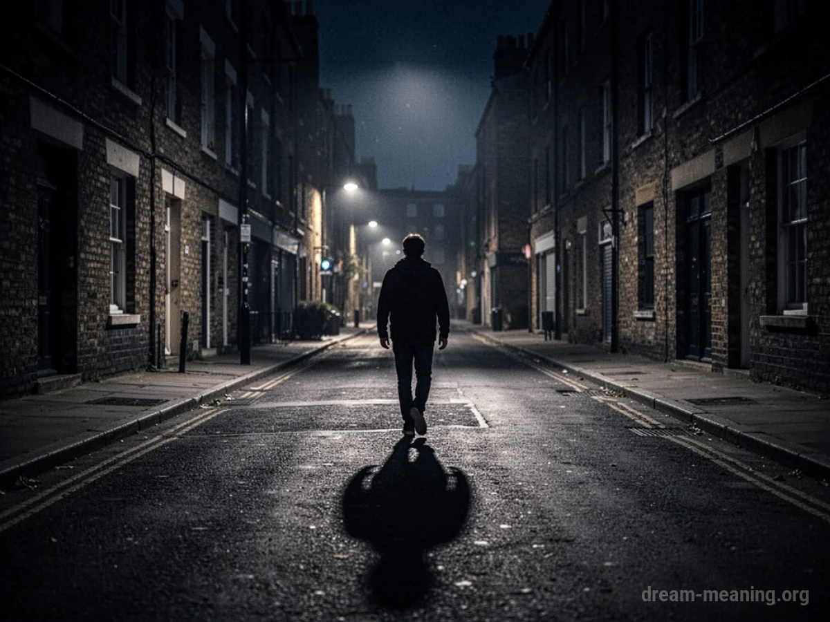 Silhouette of a person walking down a dark street with long shadows.