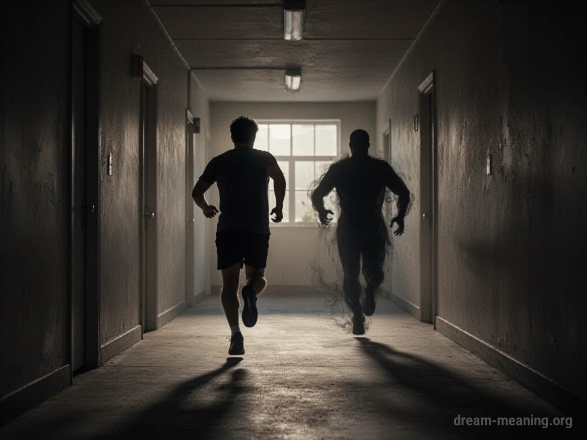 Silhouette of a person running down a dark hallway with a shadowy figure behind them.