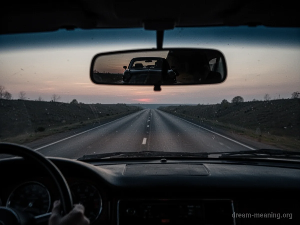 A car's rearview mirror showing another car behind it on a dark road.