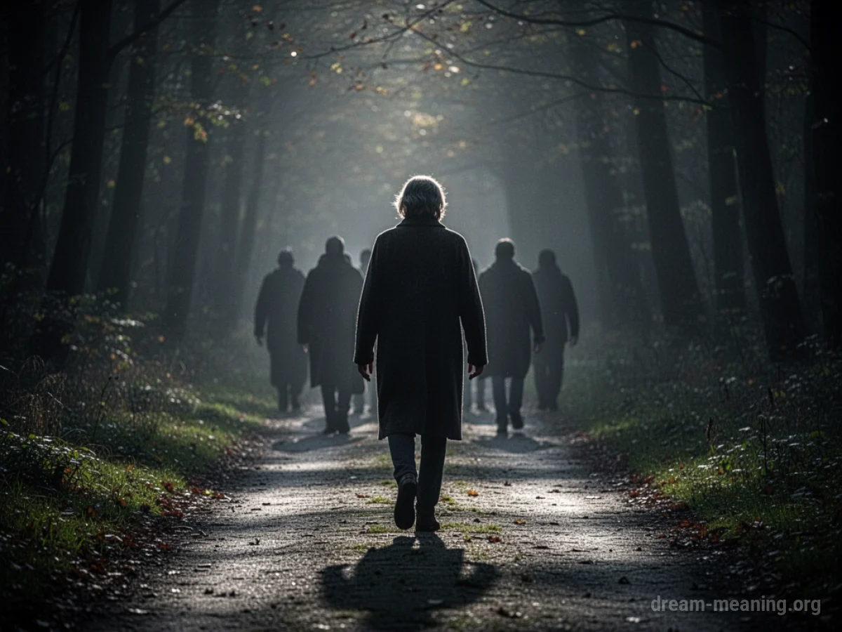 A lone person walking away from a group of indistinct figures in shadows.
