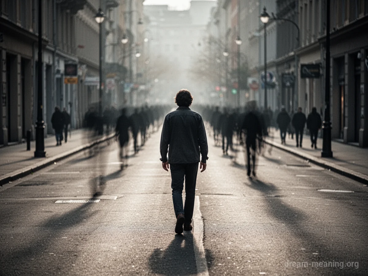 A person walking away from a large group of shadowy figures.