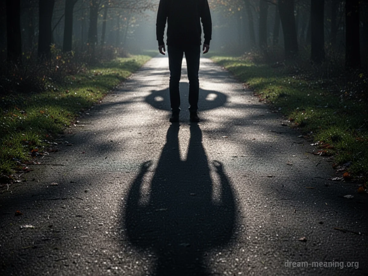 A long shadow of a person on a dark path with a blurred shape behind.