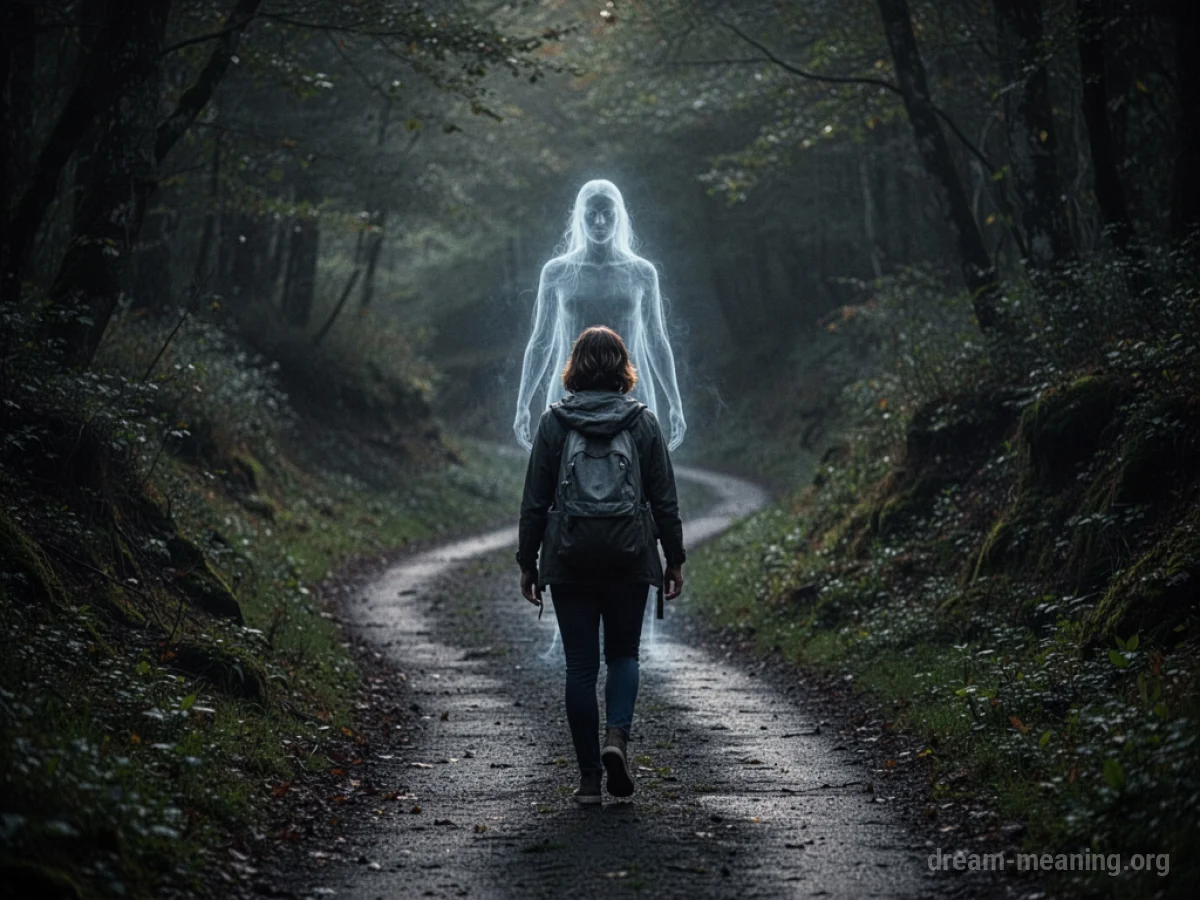 A shadowy, indistinct figure trails a person on a path.