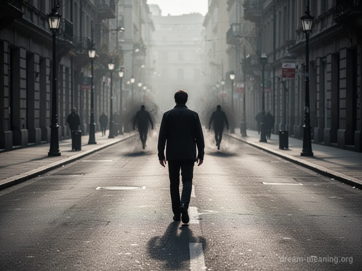 Silhouette of a person walking away from indistinct, shadowy figures on a street.