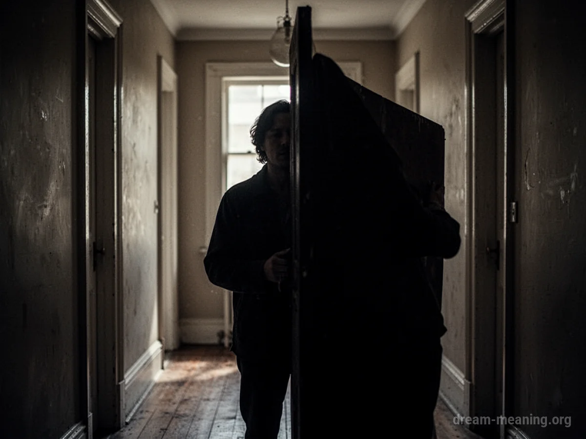A person's shadow is obscured behind a large object in a hallway.