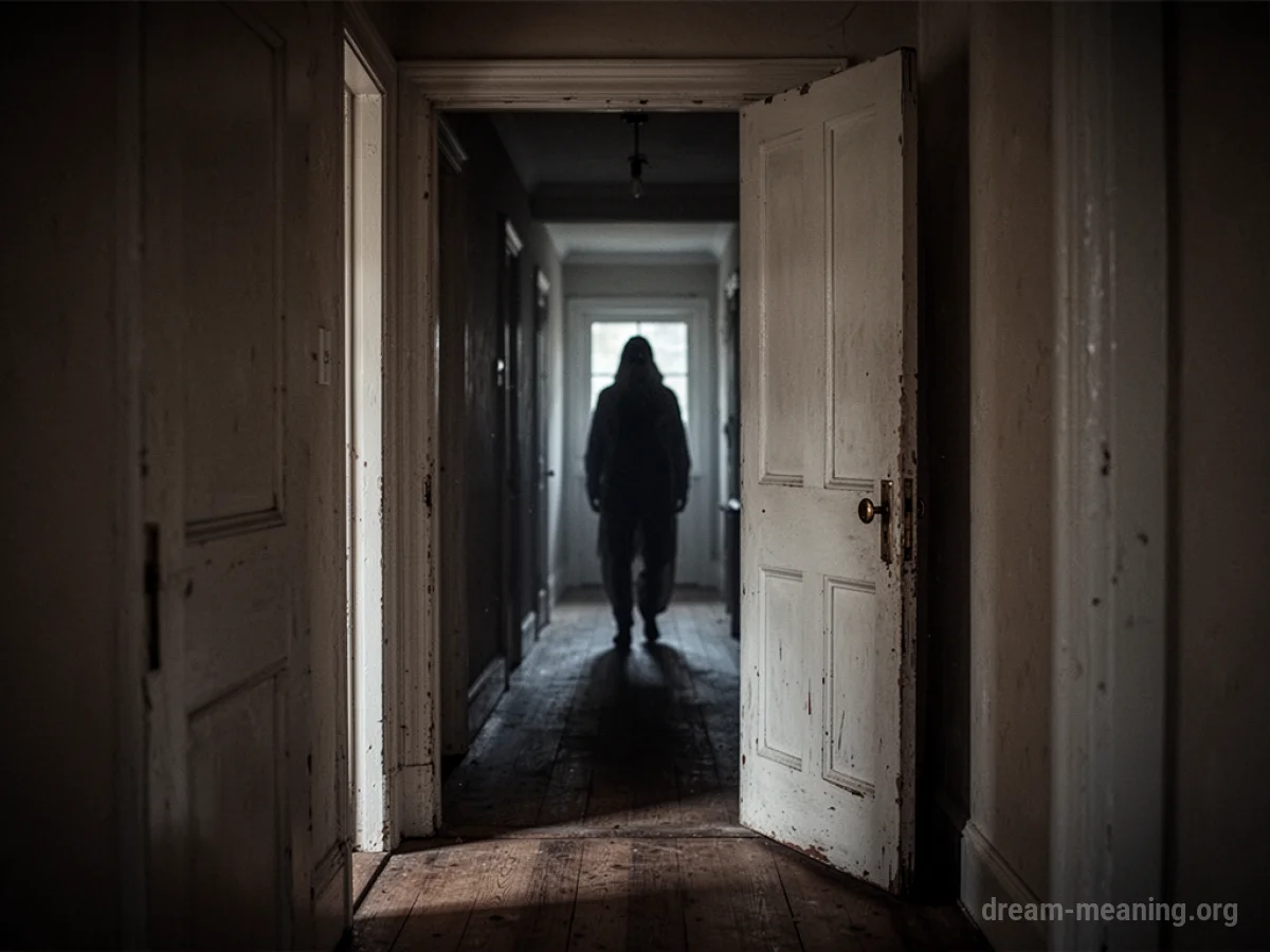 A shadowy figure stands at the end of a dark house hallway.