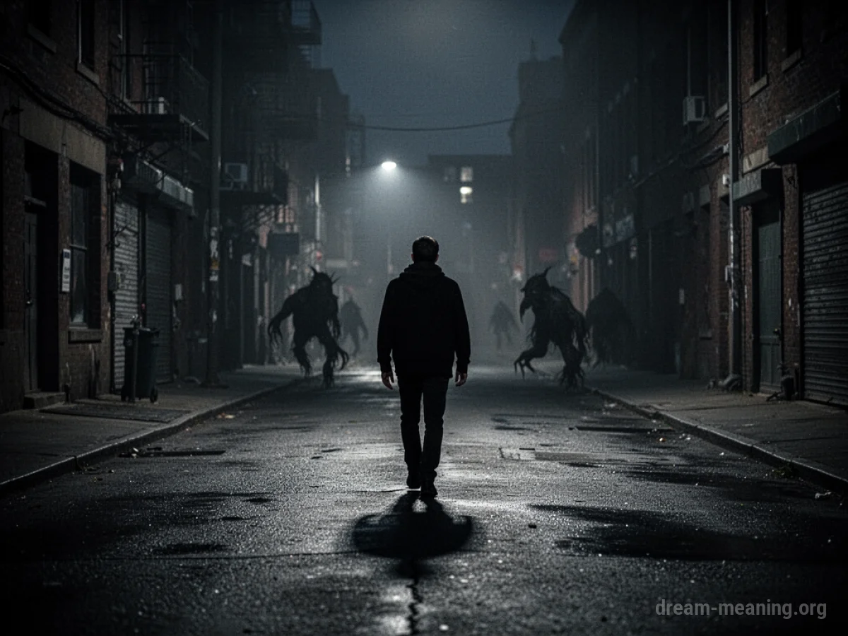 Silhouette of a person walking on a dark street with shadowy figures behind them.