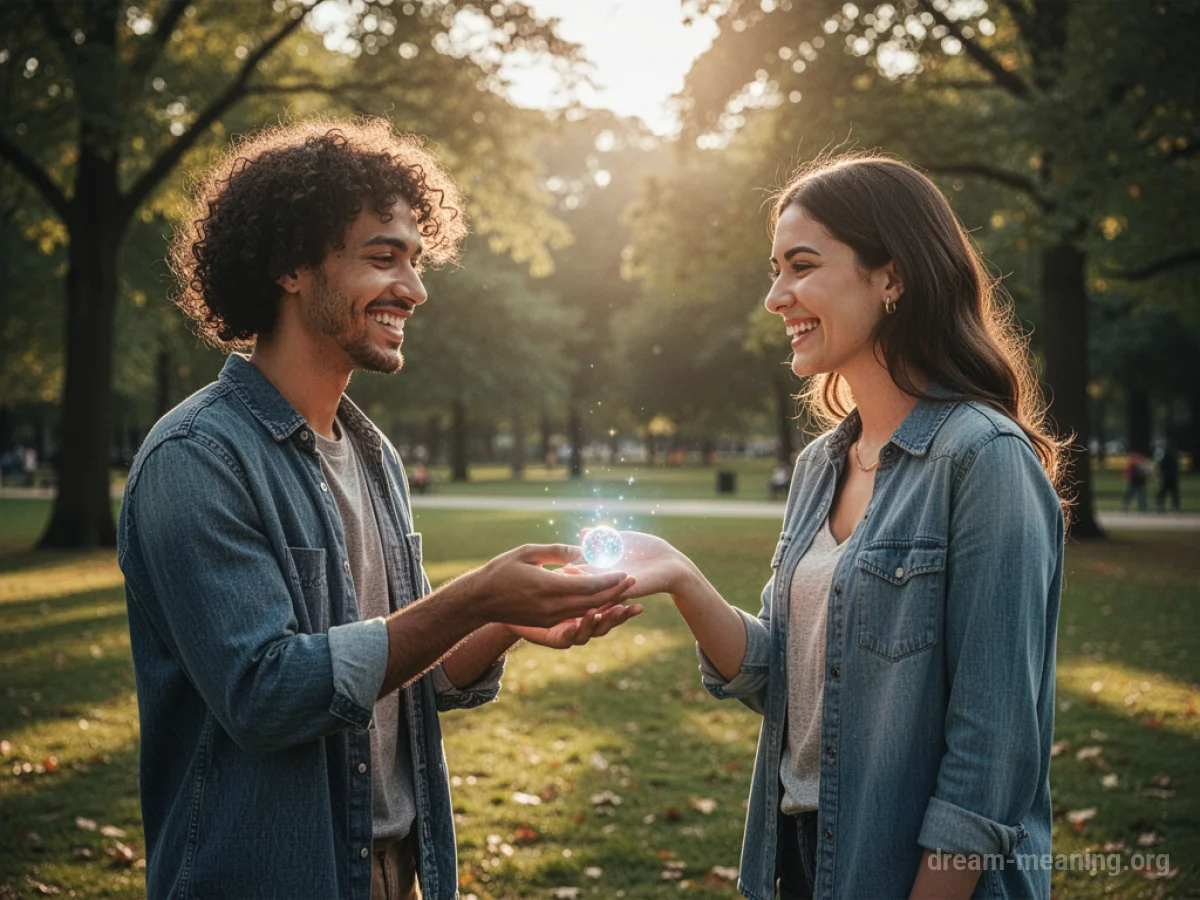 Two people smiling, one giving a glowing object to the other.