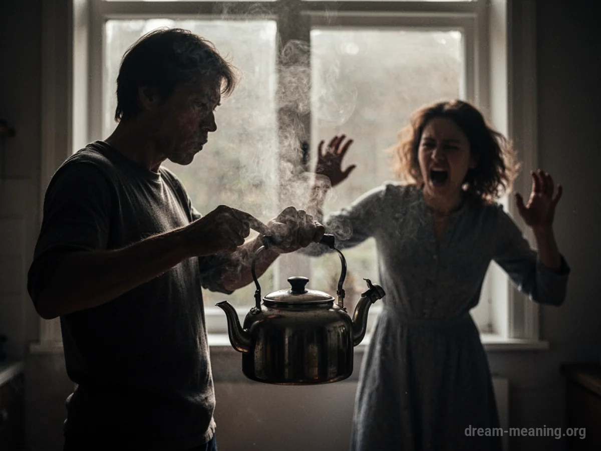 Silhouette of two figures, one holding a kettle, the other stepping back.