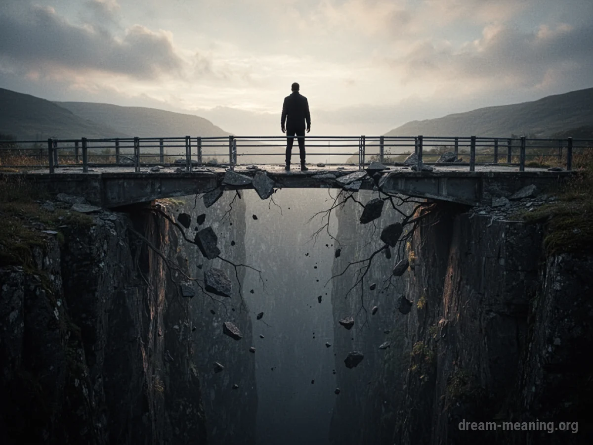 Silhouette of a person on a breaking bridge over a void.