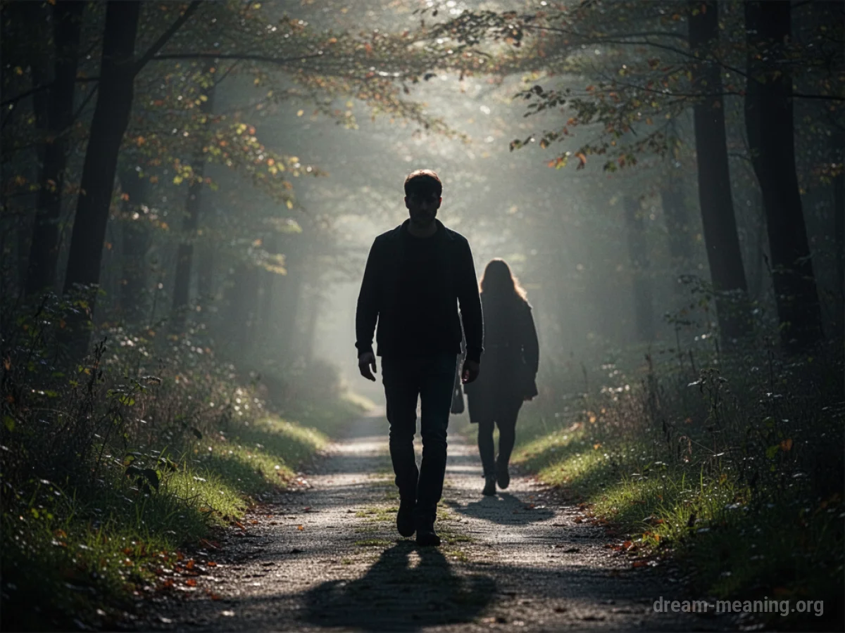 Silhouette of one person walking behind another on a path.
