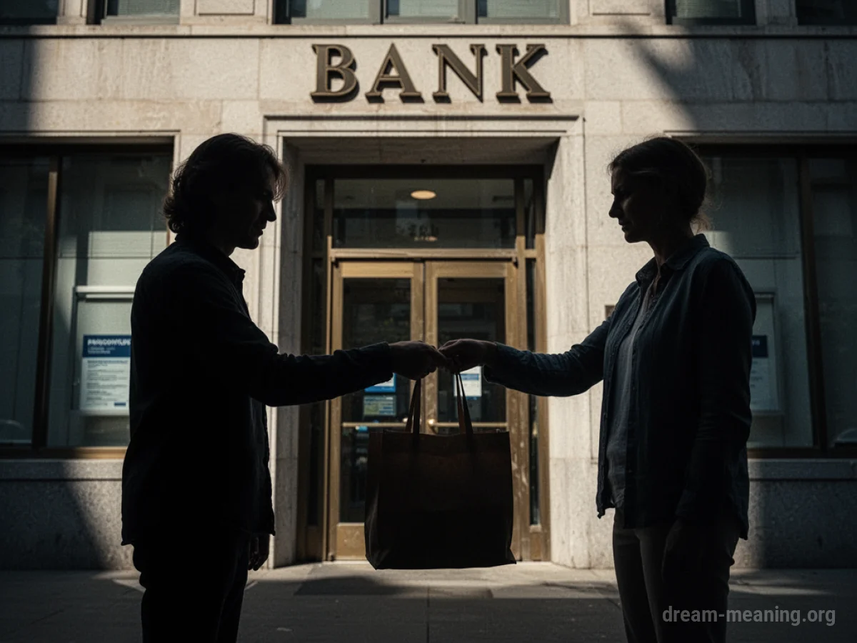 Silhouettes of two people in front of a bank building.