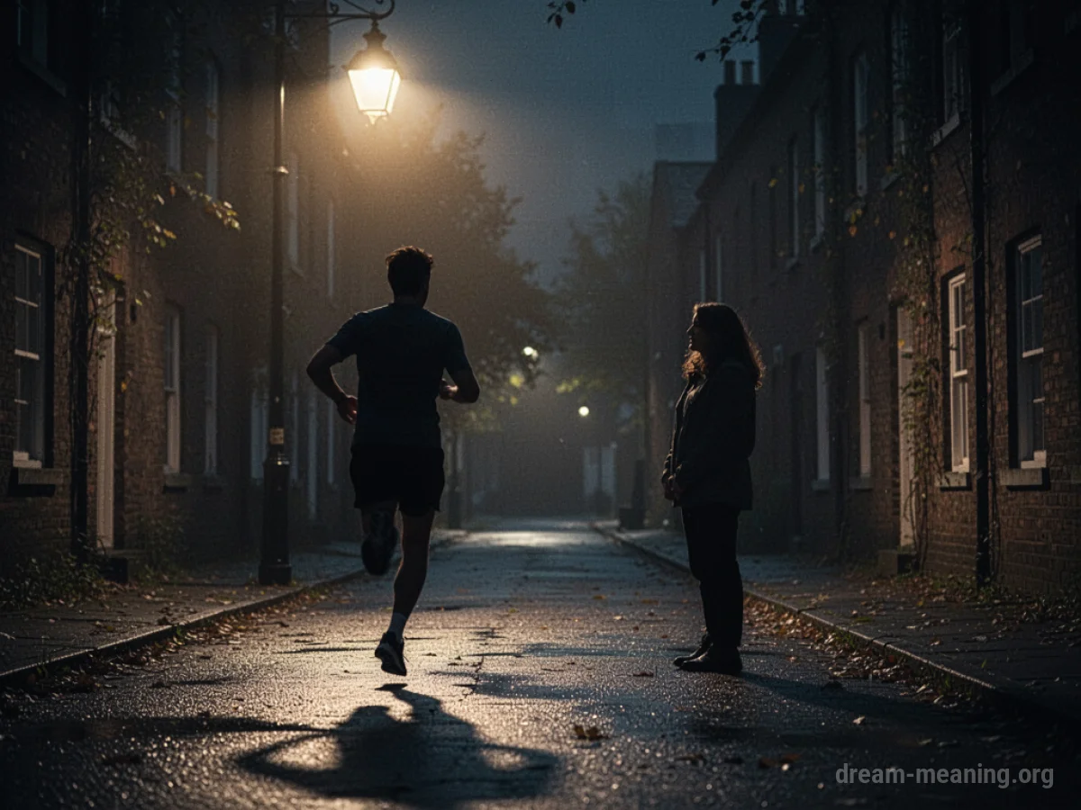 Silhouette of one person running towards another person standing still.