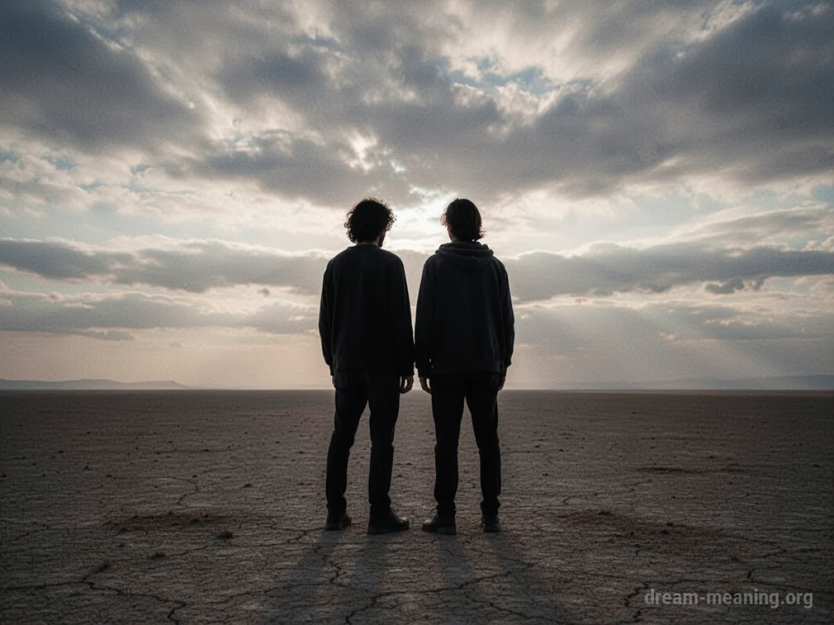 Two silhouetted figures facing away from each other on a desolate landscape.