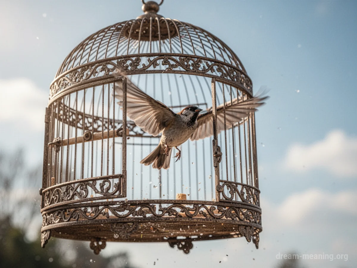 A bird soaring upwards away from an open cage.
