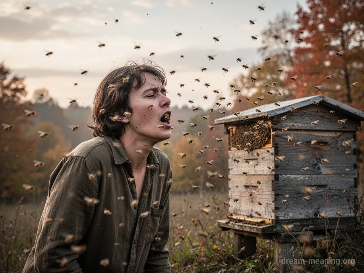 A person flinching away from a cloud of bees near a beehive.