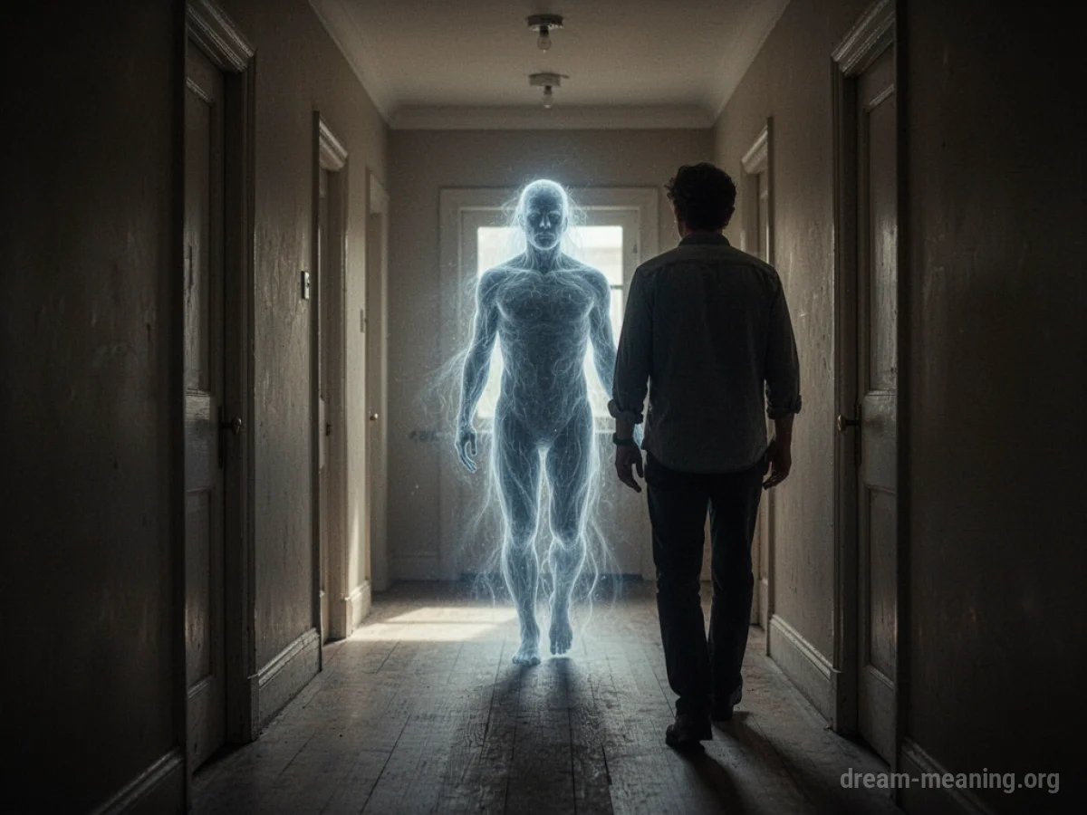 A spectral figure looms behind a person in a dark corridor.