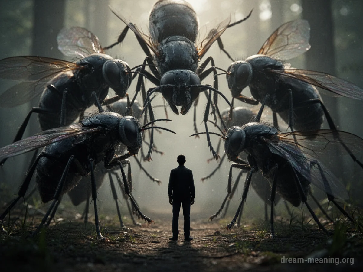 A small figure dwarfed by massive insect shapes in a dark environment.