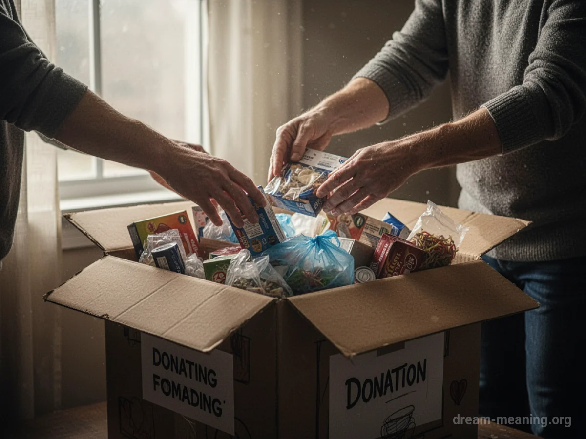 Hands placing objects into a donation box.