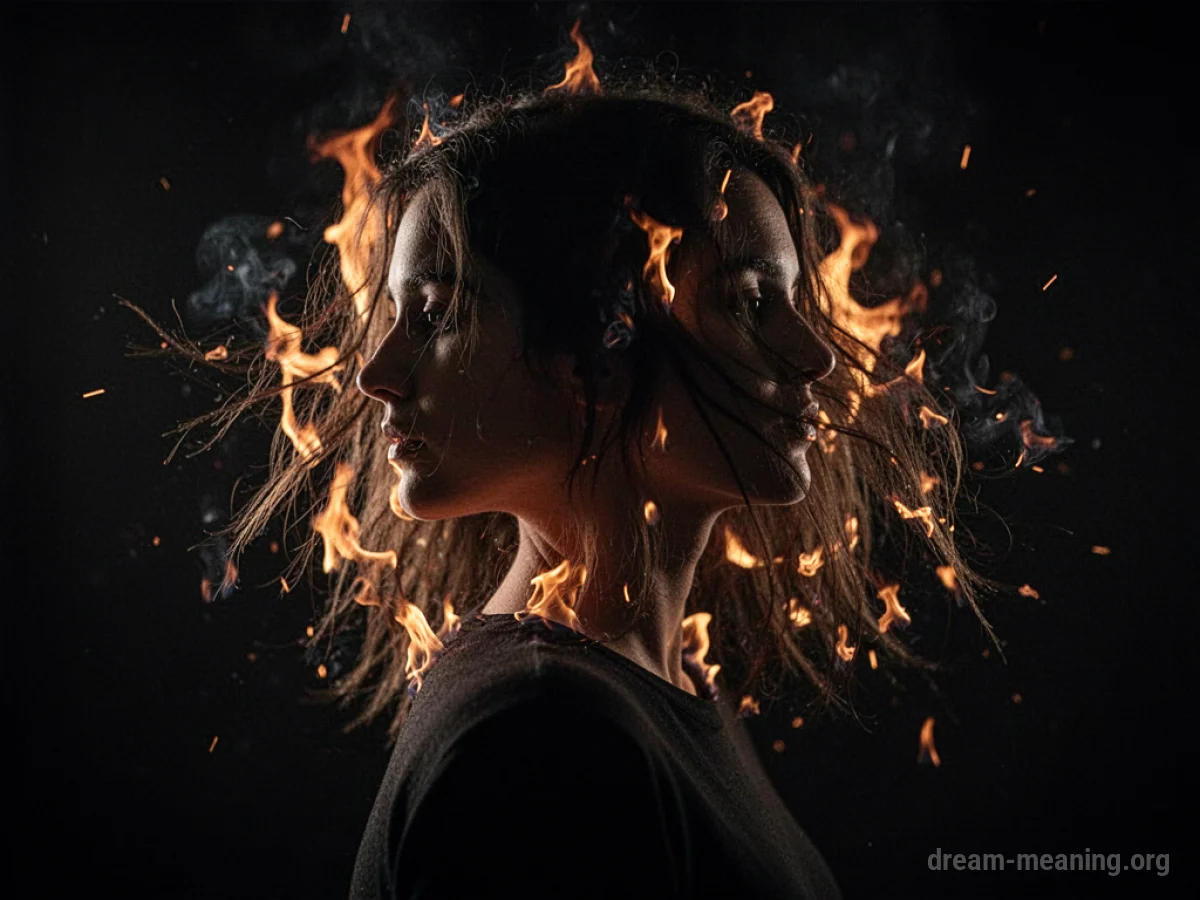 Silhouette of a person with flaming hair.