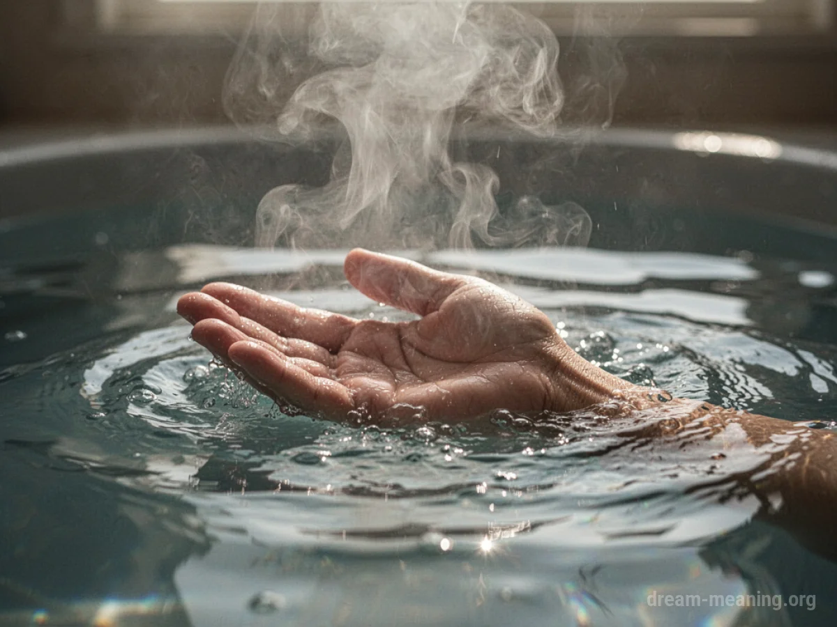 A person's hand partially submerged in very hot, steaming water.