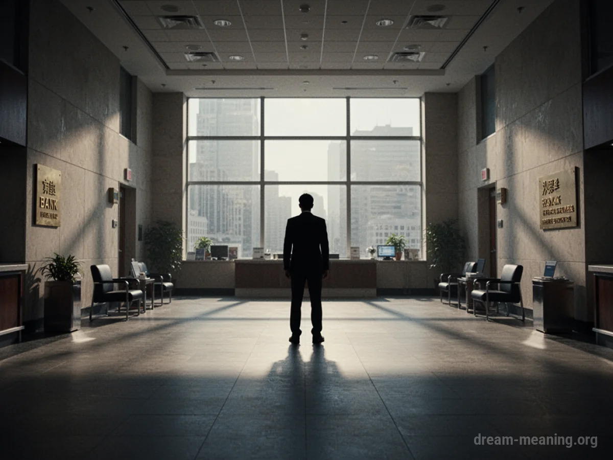 Silhouette of a person in an empty bank lobby with long shadows.