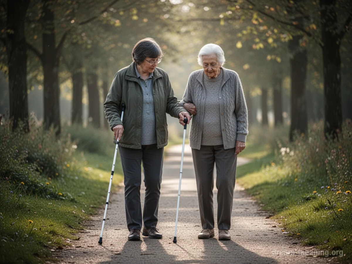 A hand is shown reaching out to guide someone walking with a white cane.