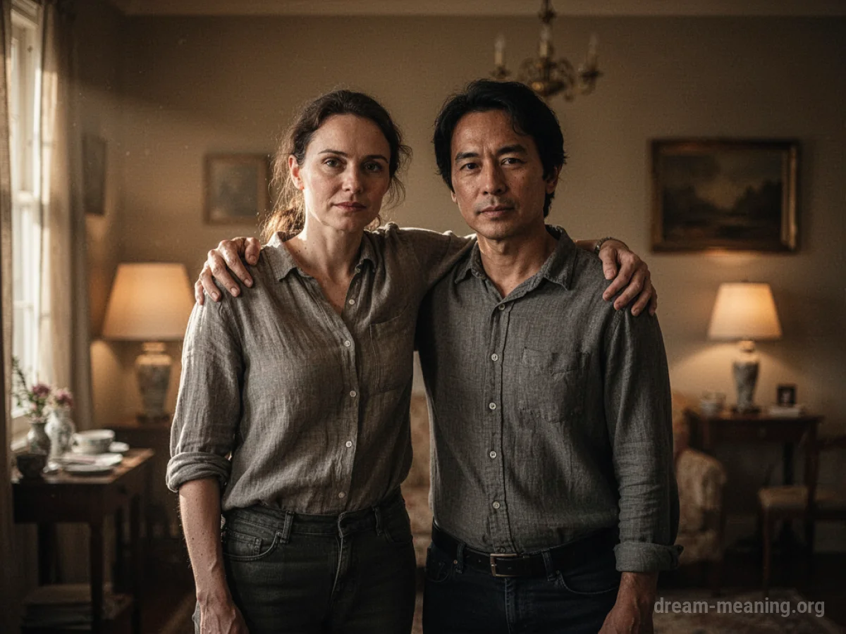 Two people standing together with arms around each other.